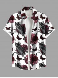 Plus Size Rose Flower Leaf Butterfly Owl Print Halloween Button Pocket Shirt For Men -  