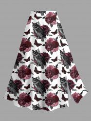 Plus Size Rose Flower Leaf Butterfly Owl Print Halloween Split A Line Skirt -  