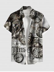 Plus Size Clock Newspaper Hourglass Print Button Pocket Shirt For Men -  
