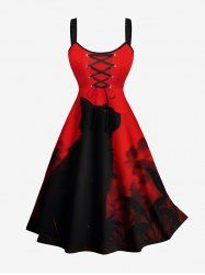 Robe débardeur trapèze à lacets, imprimé chat peint à l'encre, grande taille, pour Halloween - Rouge L