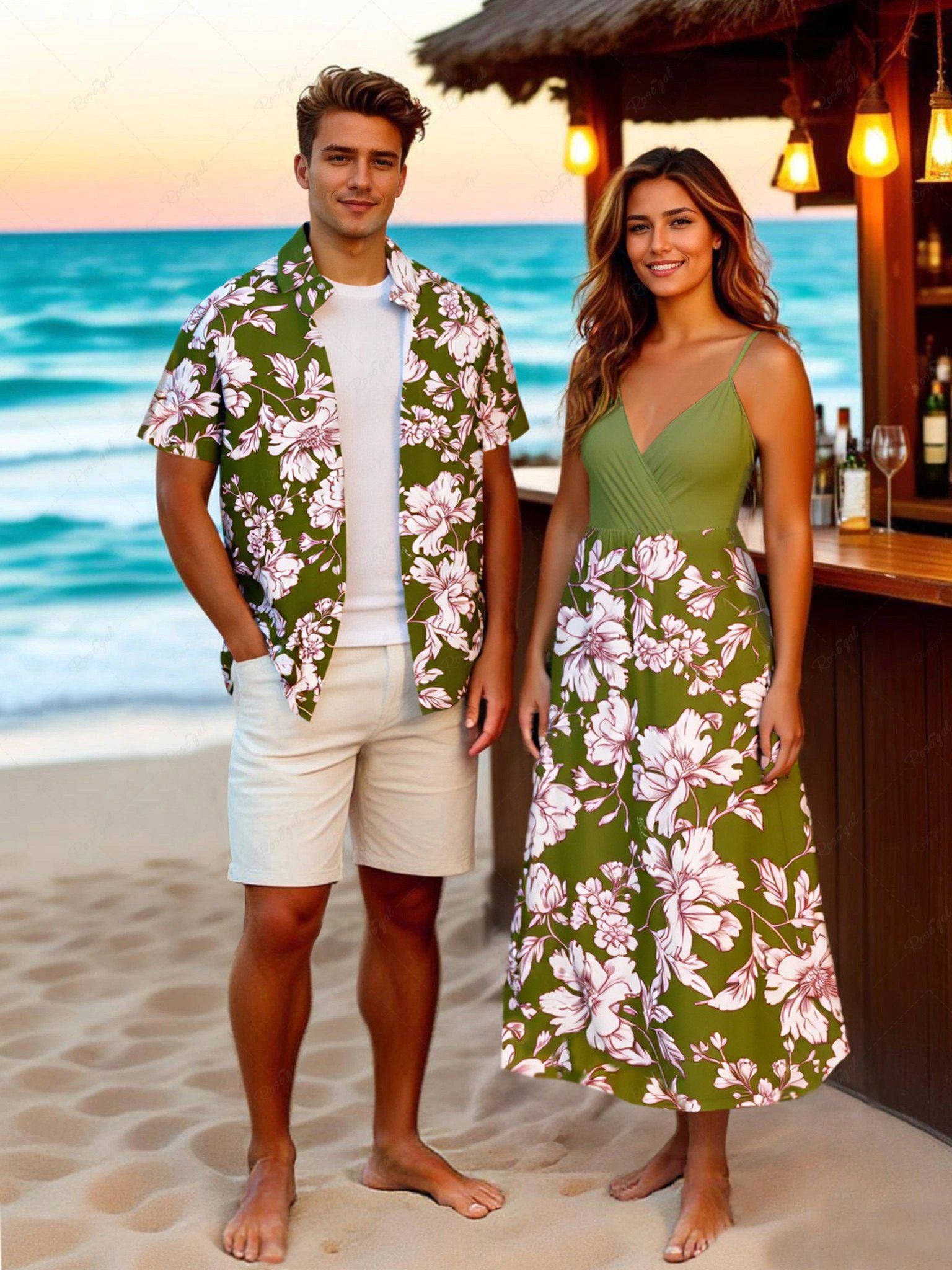 Unique Flowers Leaf Print Plus Size Matching Hawaii Beach Outfit For Couples  