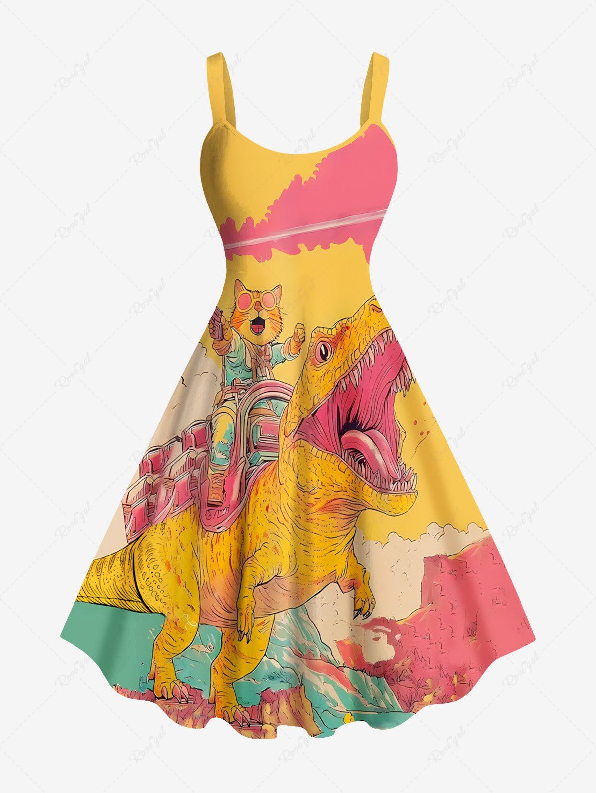 Robe débardeur hawaïenne grande taille à imprimé chat, dinosaure et nuage Jaune XXS