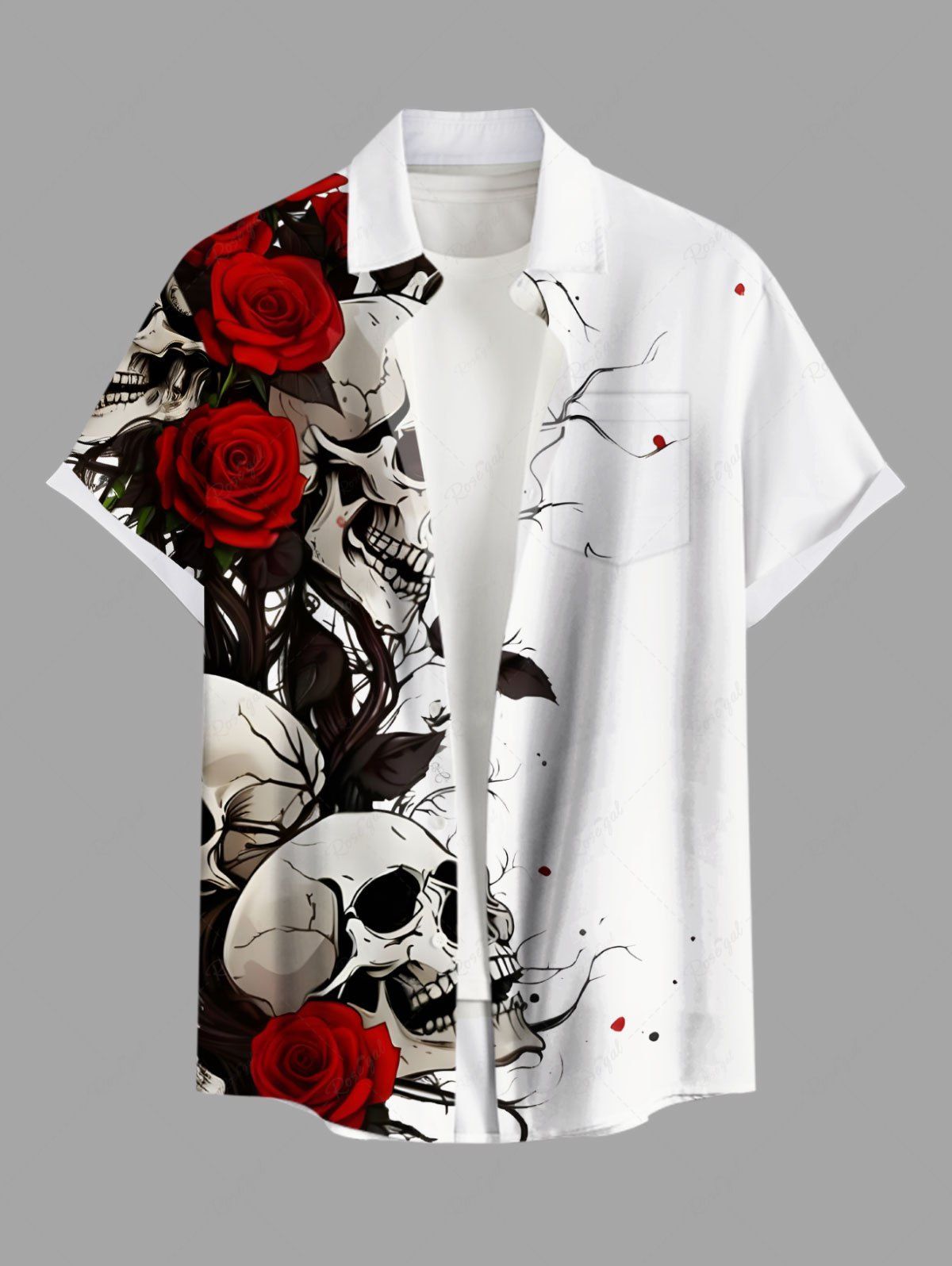 Chemise grande taille à boutons et poches pour homme, motif tête de mort, rose et fleurs, pour Halloween Blanc L