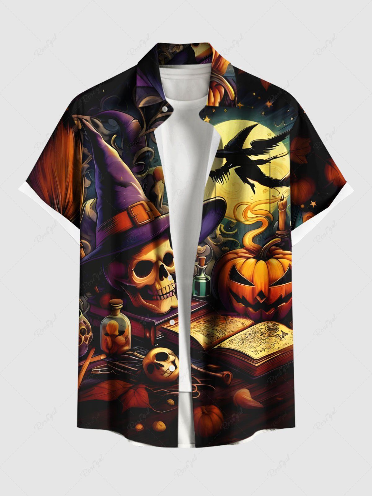 Chemise grande taille pour homme, avec imprimé citrouille, chapeau, crâne, lune, livre, boutons et poche Brun L