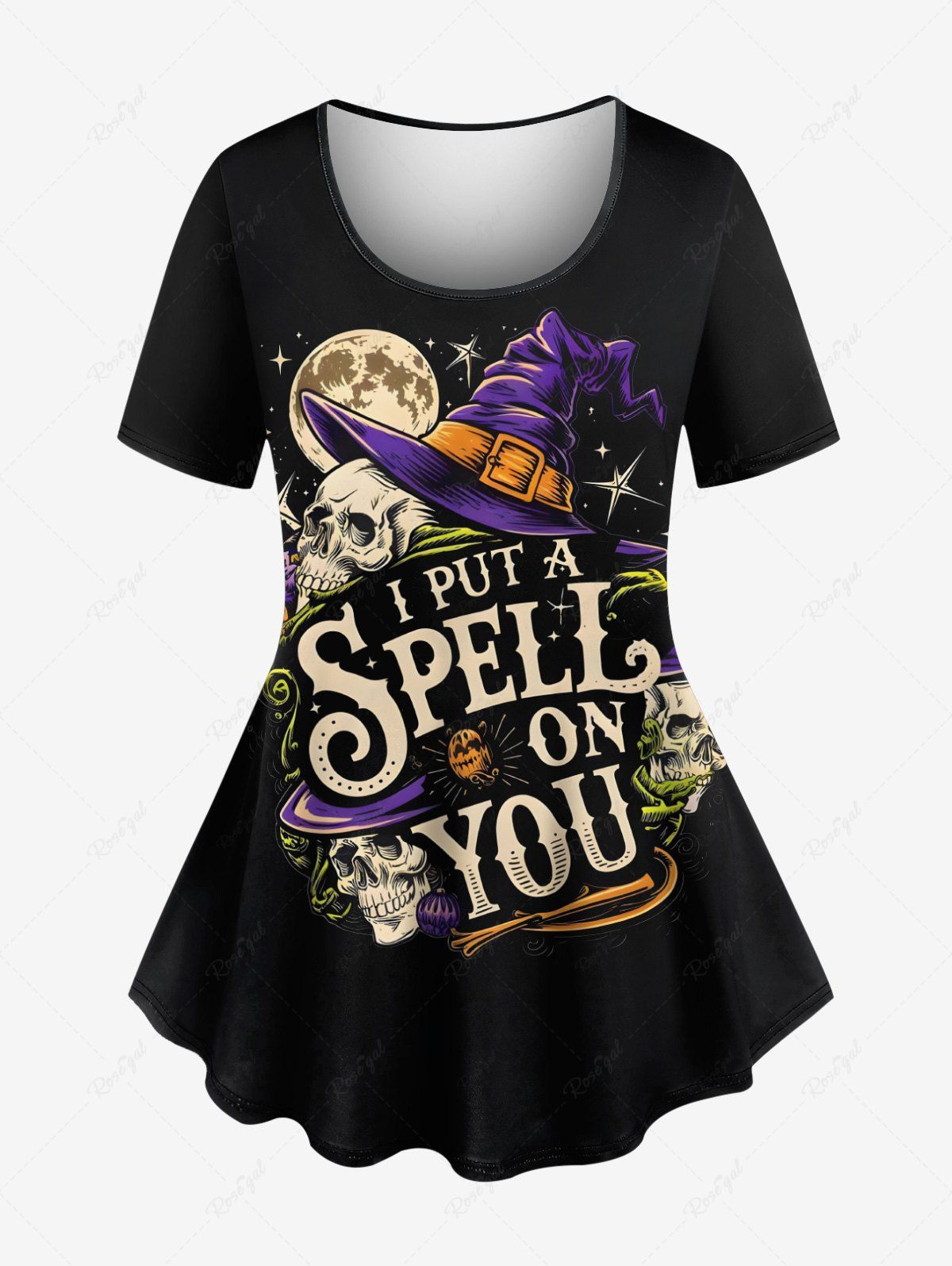 Online Plus Size Halloween Hat Skull Moon Star Print T-shirt  