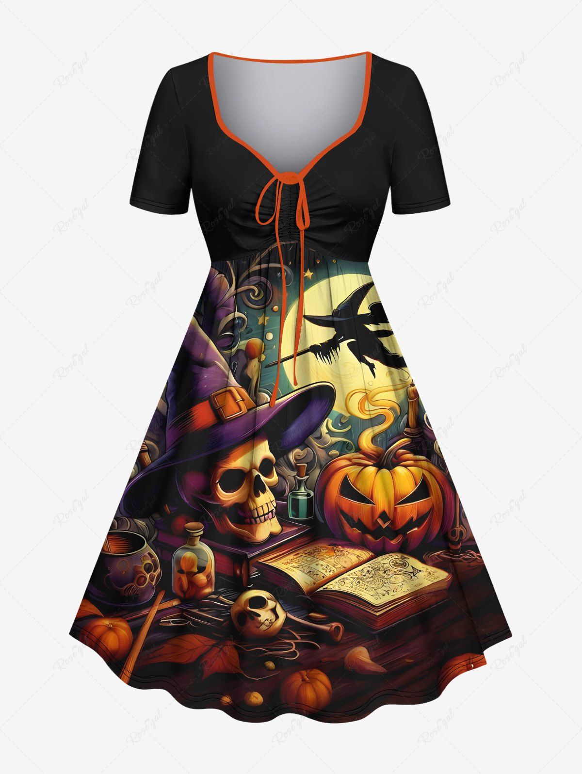 Robe cintrée grande taille pour Halloween, chapeau citrouille, crâne, lune, imprimé livre Noir L