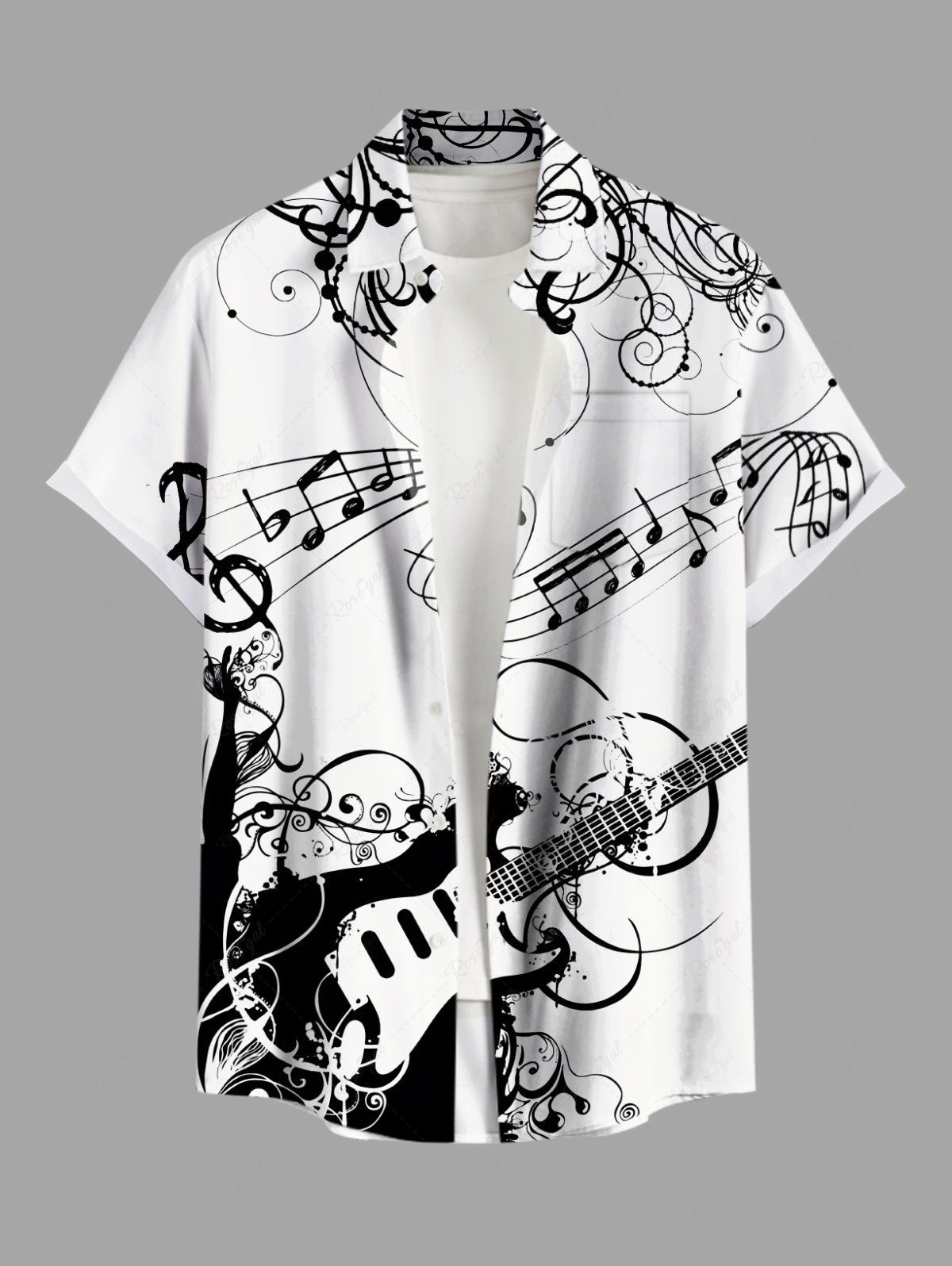 Best Plus Size Guitar Music Symbol Print Hawaii Button Pocket Shirt For Men  