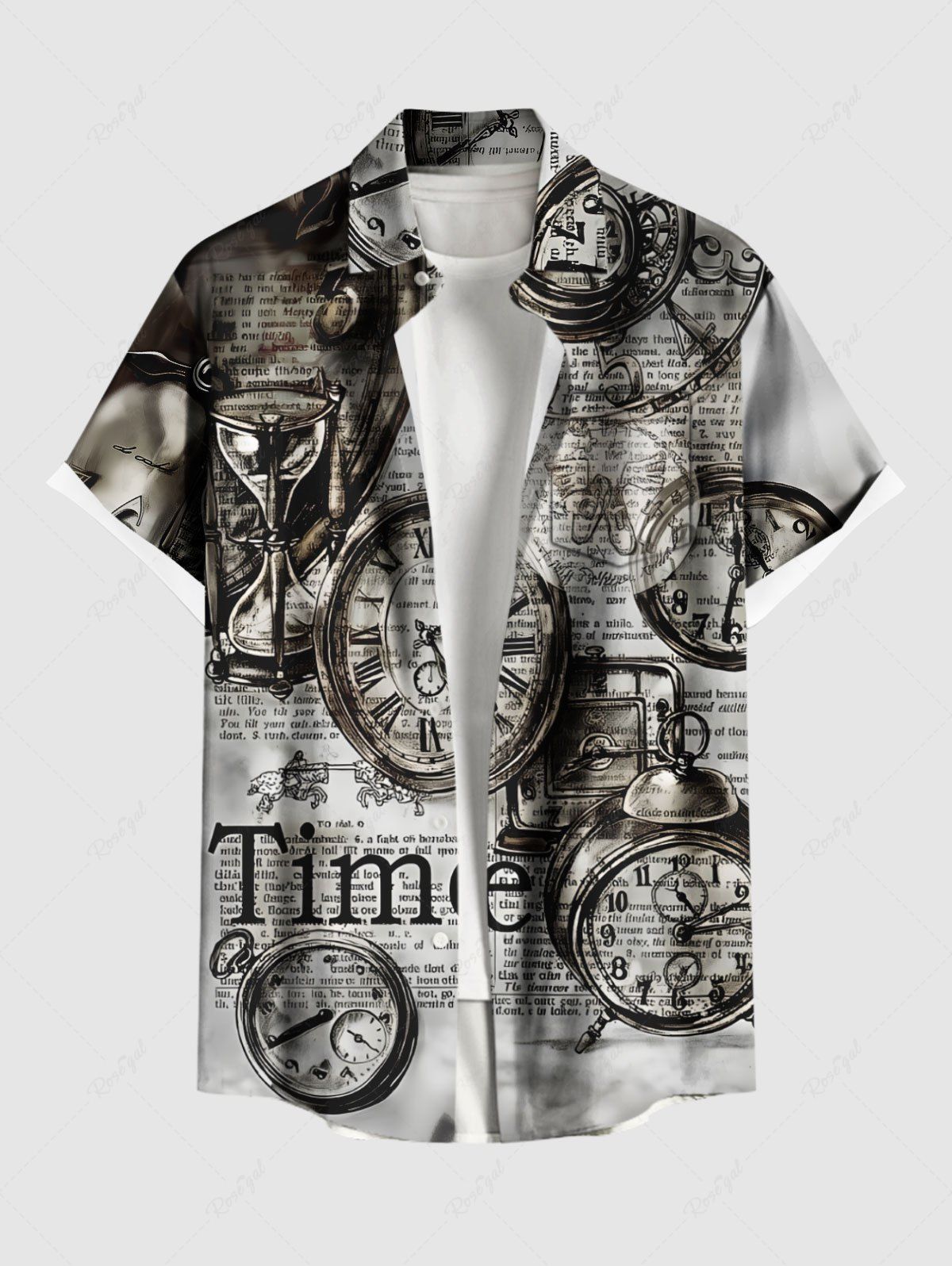 Store Plus Size Clock Newspaper Hourglass Print Button Pocket Shirt For Men  