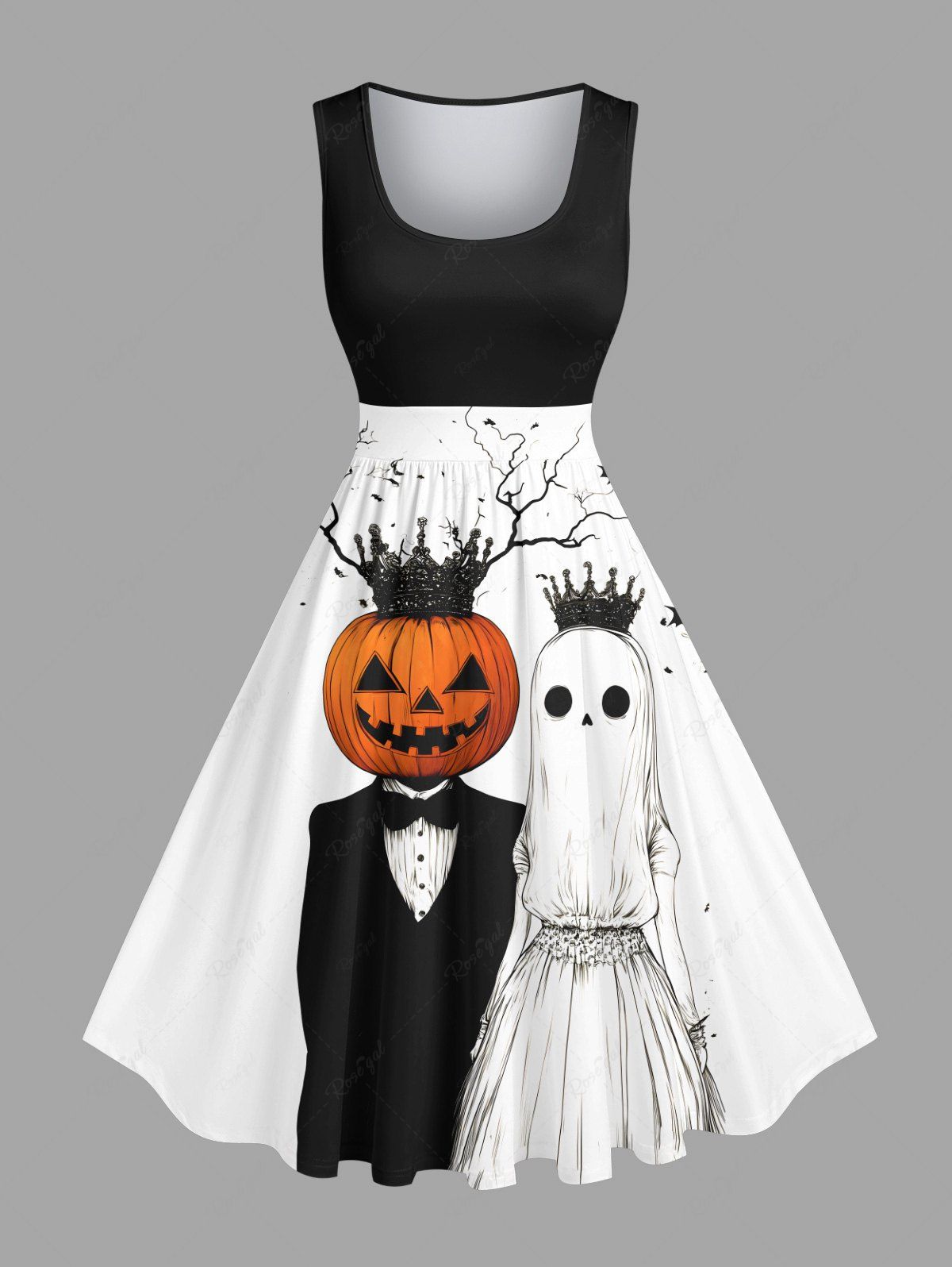 Latest Plus Size Pumpkin Ghost Bride Bridegroom Crown Bat Tree Print Halloween 1950s Vintage Swing A Line Dress  