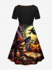 Robe cintrée grande taille pour Halloween, chapeau citrouille, crâne, lune, imprimé livre - Noir L