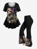 Plus Size Halloween Hat Skull Moon Star Print T-shirt -  