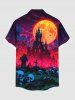 Plus Size Halloween Moon Castle Skulls Cross Bat Print Buttons Pocket Shirt For Men -  