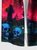 Plus Size Halloween Moon Castle Skulls Cross Bat Print Buttons Pocket Shirt For Men -  