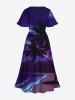 Robe mi-longue hawaïenne fendue grande taille à imprimé cocotiers, vagues, galaxie et étoiles - Pourpre  S