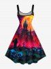 Plus Size Halloween Moon Castle Skulls Cross Bat Print Tank Dress -  