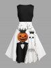 Plus Size Pumpkin Ghost Bride Bridegroom Crown Bat Tree Print Halloween 1950s Vintage Swing A Line Dress -  