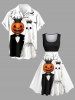 Plus Size Pumpkin Ghost Bride Bridegroom Crown Bat Tree Print Halloween 1950s Vintage Swing A Line Dress -  