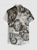 Plus Size Clock Newspaper Hourglass Print Button Pocket Shirt For Men -  