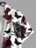 Plus Size Rose Flower Leaf Butterfly Owl Print Halloween Button Pocket Shirt For Men -  