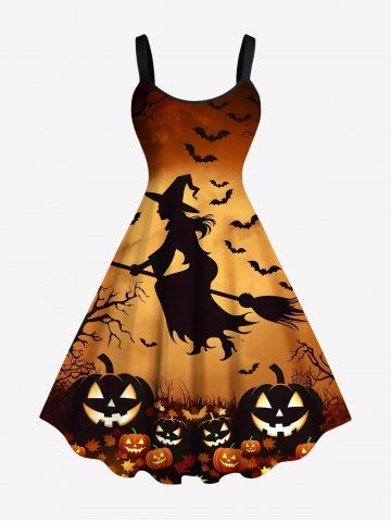 Plus Size Halloween Costume Bat Pumpkin Wizard Tree Print Tank Dress - BROWN - 3X