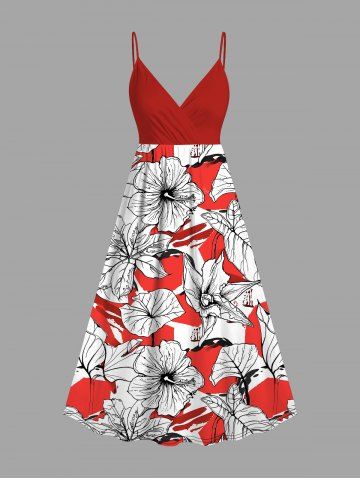 Plus Size Hibiscus Flowers Leaf Print Surplice Hawaii Cami Dress - RED - 4X