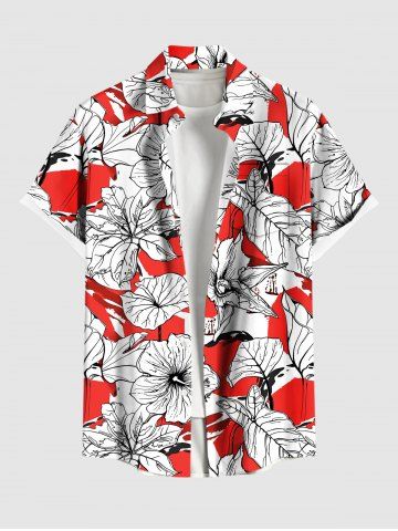 Plus Size Hibiscus Flowers Leaf Print Buttons Pocket Hawaii Shirt For Men - RED - 5XL