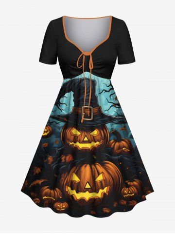 Plus Size Halloween Pumpkin Hat Tree Bat Moon Print Cinched Dress - BLACK - M