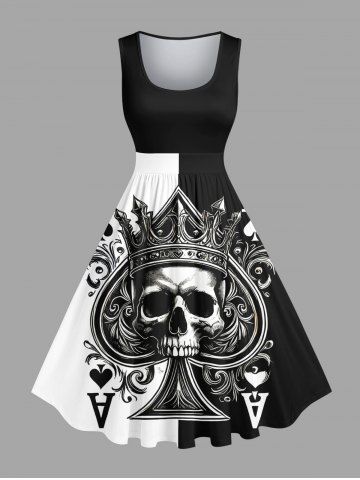 Plus Size Halloween Poker Skull Heart Two Tone Colorblock Print 1950s Vintage Dress - BLACK - S