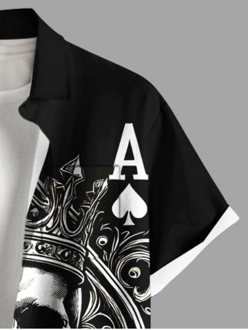Plus Size Halloween Poker Skull Heart Two Tone Colorblock Print Buttons Pocket Shirt For Men