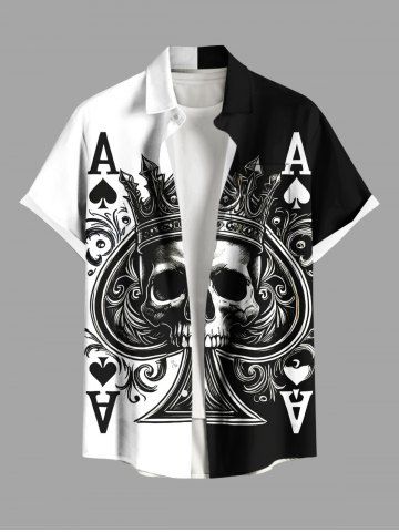Plus Size Halloween Poker Skull Heart Two Tone Colorblock Print Buttons Pocket Shirt For Men - BLACK - 2XL