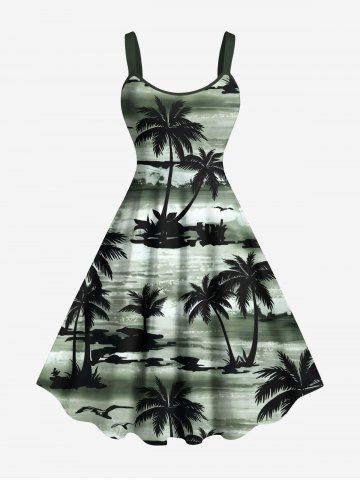 Plus Size Coconut Tree Sea Waves Print Hawaii Tank Dress - GREEN - XS
