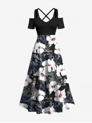 Plus Size Hibiscus Flowers Tropical Leaf Print Cold Shoulder Crisscross Hawaii Maxi Dress - BLACK - M