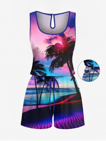 Plus Size Coconut Tree Seascape Cloud Print Cinched Hawaii Romper - PURPLE - XS