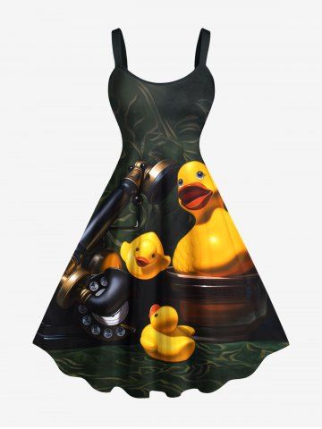 Plus Size Ducks Telephone Print Hawaii Tank Dress - BLACK - XXS