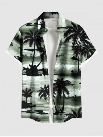 Plus Size Coconut Tree Sea Waves Print Buttons Pocket Hawaii Shirt For Men - GREEN - 6XL