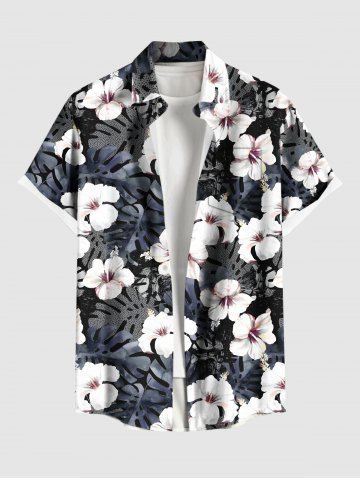 Plus Size Hibiscus Flowers Tropical Leaf Print Buttons Pocket Hawaii Shirt For Men - BLACK - 4XL