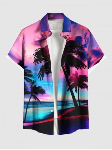 Plus Size Coconut Tree Seascape Cloud Print Buttons Pocket Hawaii Shirt For Men - PURPLE - 3XL