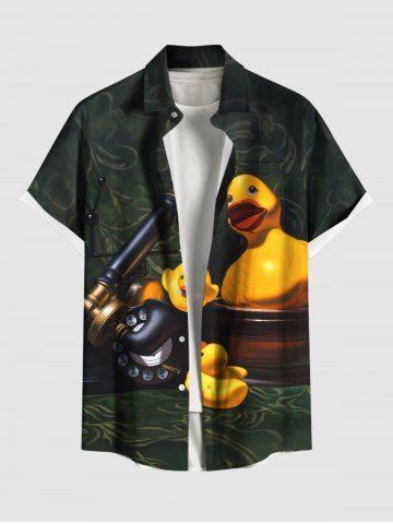 Plus Size Ducks Telephone Print Buttons Pocket Hawaii Shirt For Men - BLACK - 4XL