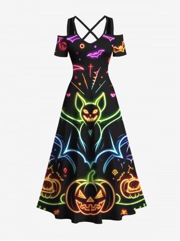 Plus Size Halloween Bat Pumpkin Moon Heart Print Cold Shoulder Crisscross Maxi Dress - BLACK - XXS