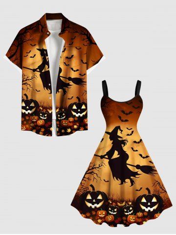 Halloween Costume Bat Pumpkin Wizard Tree Print Plus Size Matching Outfit For Couples - BROWN