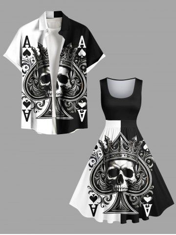 Halloween Poker Skull Heart Two Tone Colorblock Print Plus Size Matching Outfit For Couples - BLACK