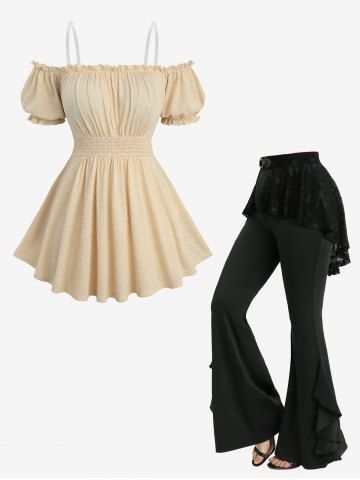 Ruched Bust Elastic Waist Top and Fishnet Skull Overlay Ruffles Skirted Flare Pants Plus Size Outfit