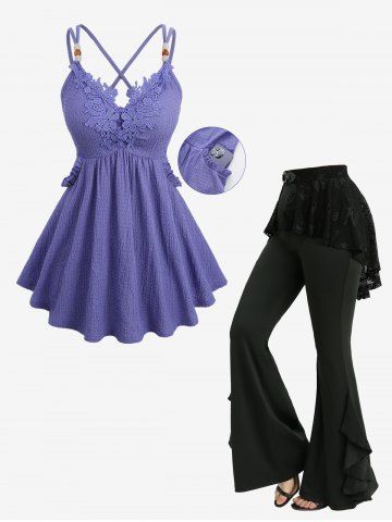 Floral Applique Textured Pockets Crisscross Strappy Top and Skull Fishnet Overlay Ruffles Skirted Flare Pants Plus Size Outfit - LIGHT PURPLE