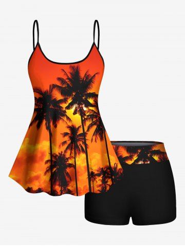 Coconut Tree Ombre Dusk Sunset Print Hawaii Boyleg Tankini Swimsuit (Adjustable Shoulder Strap) - ORANGE - M