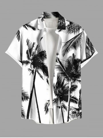 Plus Size Coconut Tree Ink Painting Print Hawaii Button Pocket Shirt For Men - WHITE - M
