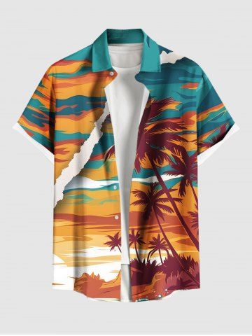 Plus Size Coconut Tree Sea Print Hawaii Button Pocket Shirt For Men - ORANGE - 6XL