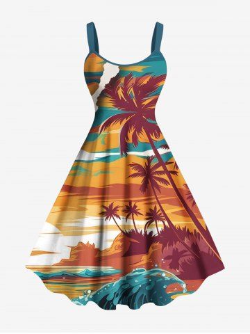 Plus Size Coconut Tree Sea Print Hawaii A Line Tank Dress - ORANGE - S