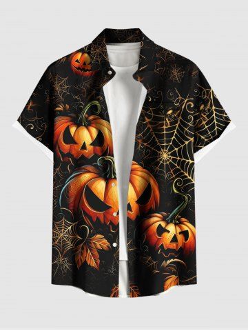 Plus Size Pumpkin Leaf Spider Web Print Halloween Button Pocket Shirt For Men - BLACK - 2XL