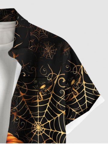 Plus Size Pumpkin Leaf Spider Web Print Halloween Button Pocket Shirt For Men