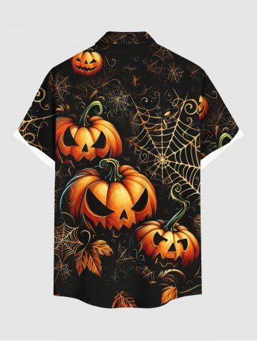 Plus Size Pumpkin Leaf Spider Web Print Halloween Button Pocket Shirt For Men